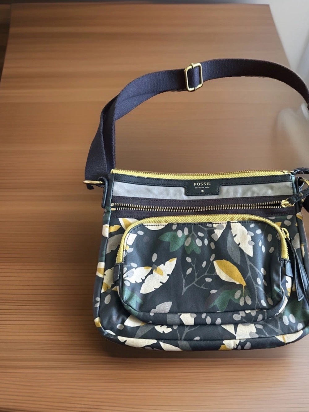 Fossil Navy Floral Crossbody with Yellow Accents